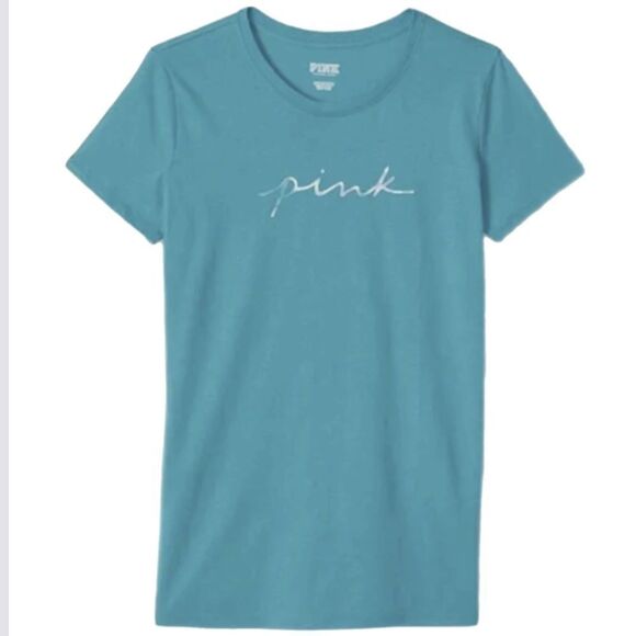 Victoria’s Secret Pink Everyday Crew Neck T-shirt Script Logo Teal Gradient Xl - Picture 3 of 8